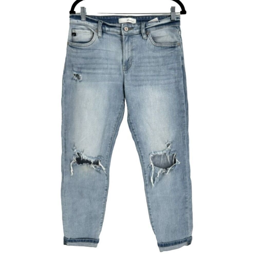 KanCan Women's Distressed Cuffed Boyfriend Jeans Blue Denim Light Wash Size 7/27